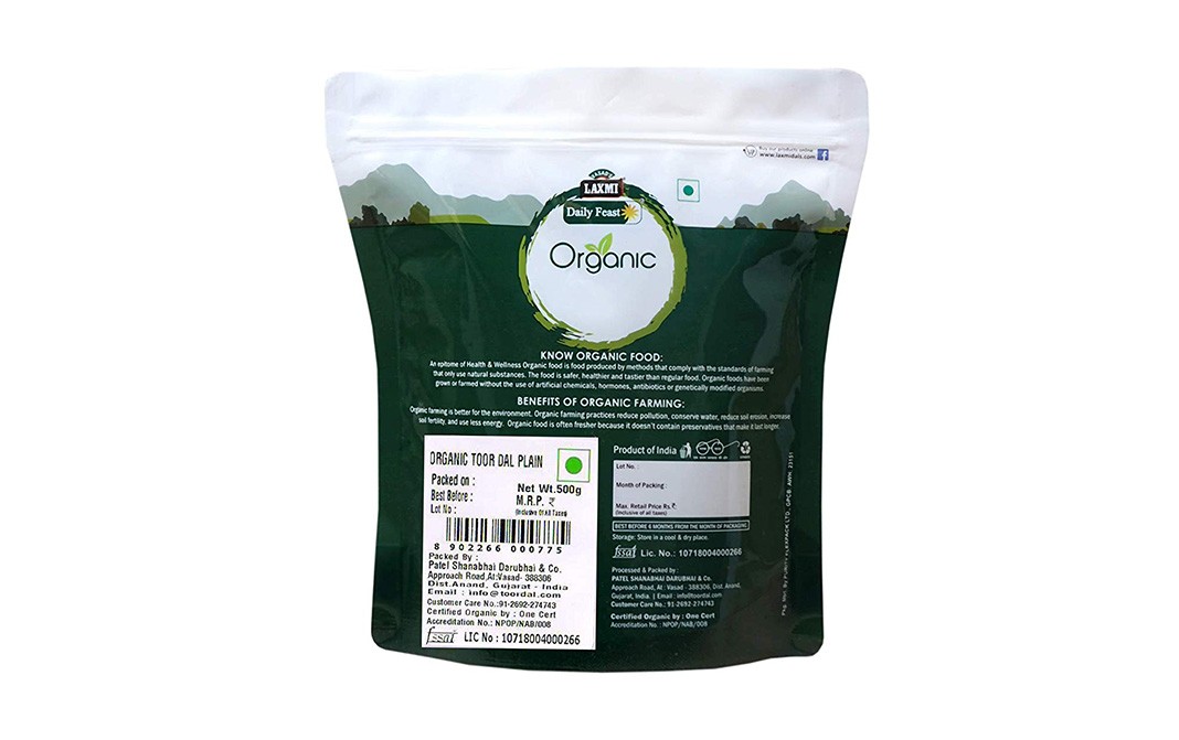 Laxmi Daily Feast Organic Toor Dal Plain    Pack  500 grams